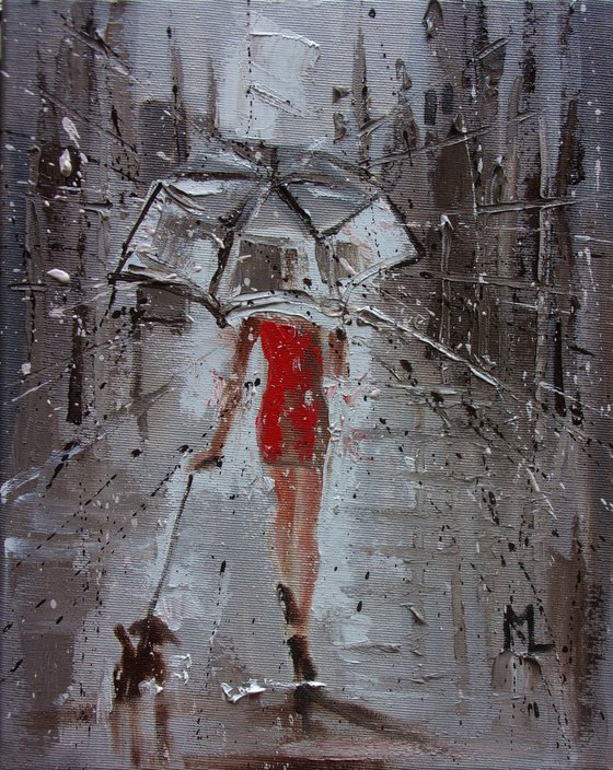 " WALK WITH FRIEND " original painting CITY palette knife SPRING RAIN