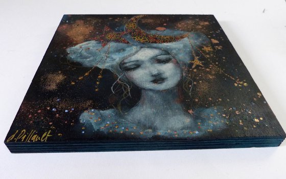 "Precious Heavenly" woman- moon portrait mix media on wood  20x20cm