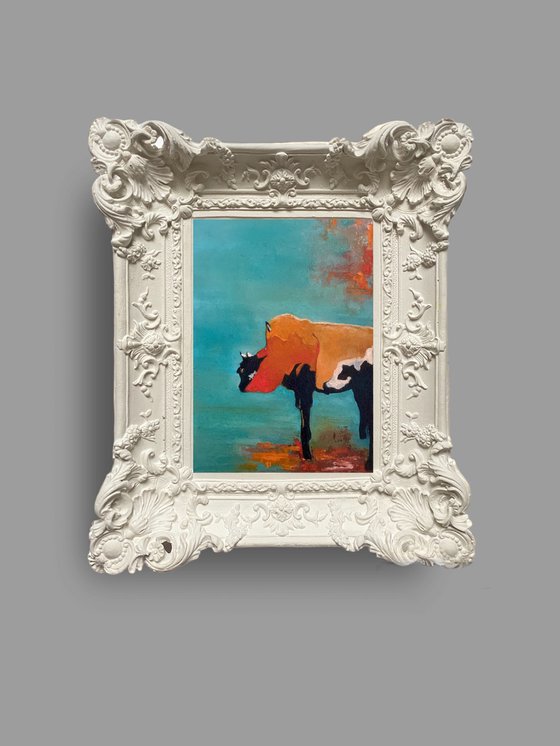 Orange bull 28X23 cm in gypsum black mat frame oil painting by Elena Troyanskaya