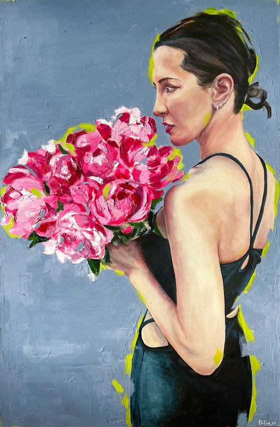 Oil painting Lovely women with magenta peonies