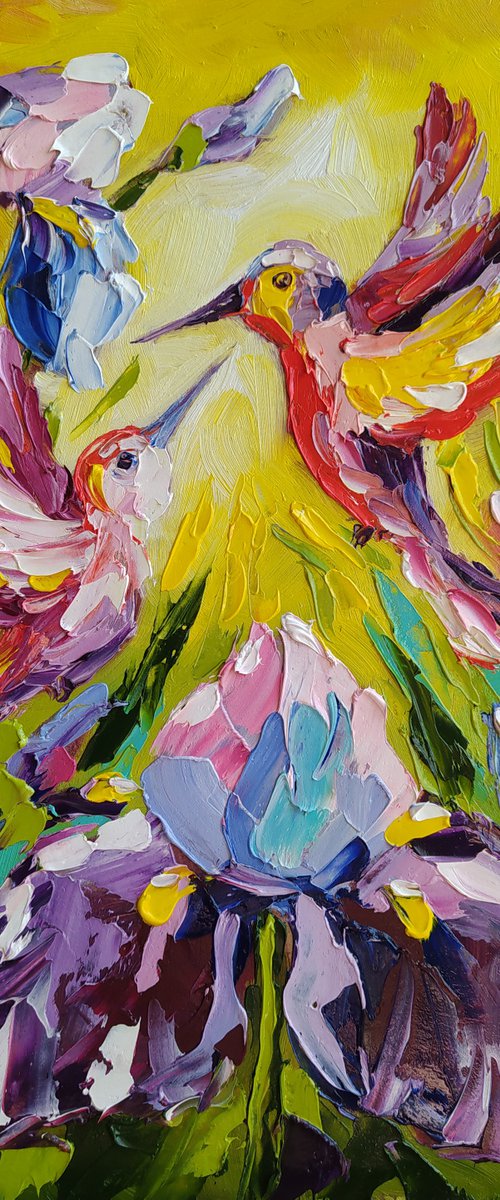 The awakening of love - birds, hummingbird, love, irises, flowers, oil painting, irises flowers, gift idea by Anastasia Kozorez