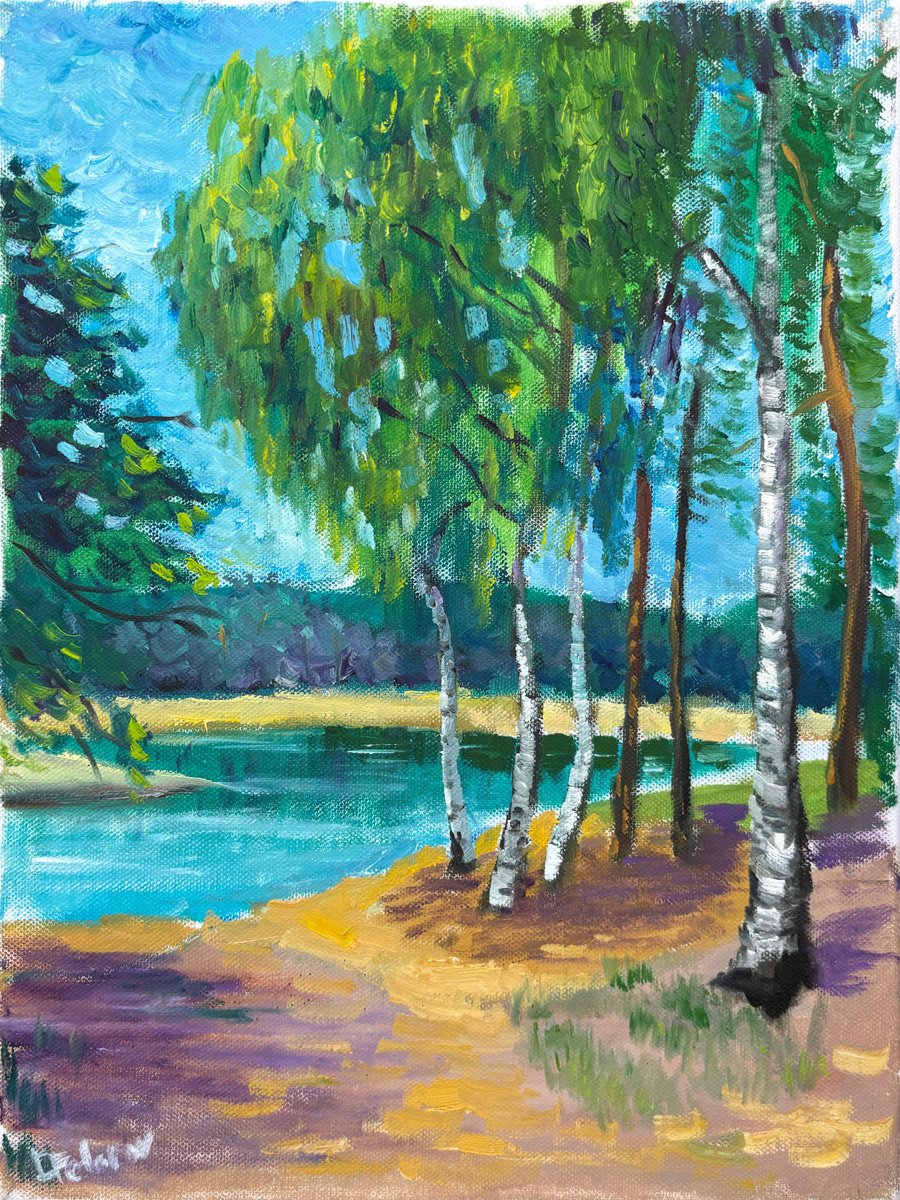 Impressionistic Landscape Oil Painting By Dmitry Fedorov, 12 X 16, Birches By The Lake. Pleinair, Original Artwork