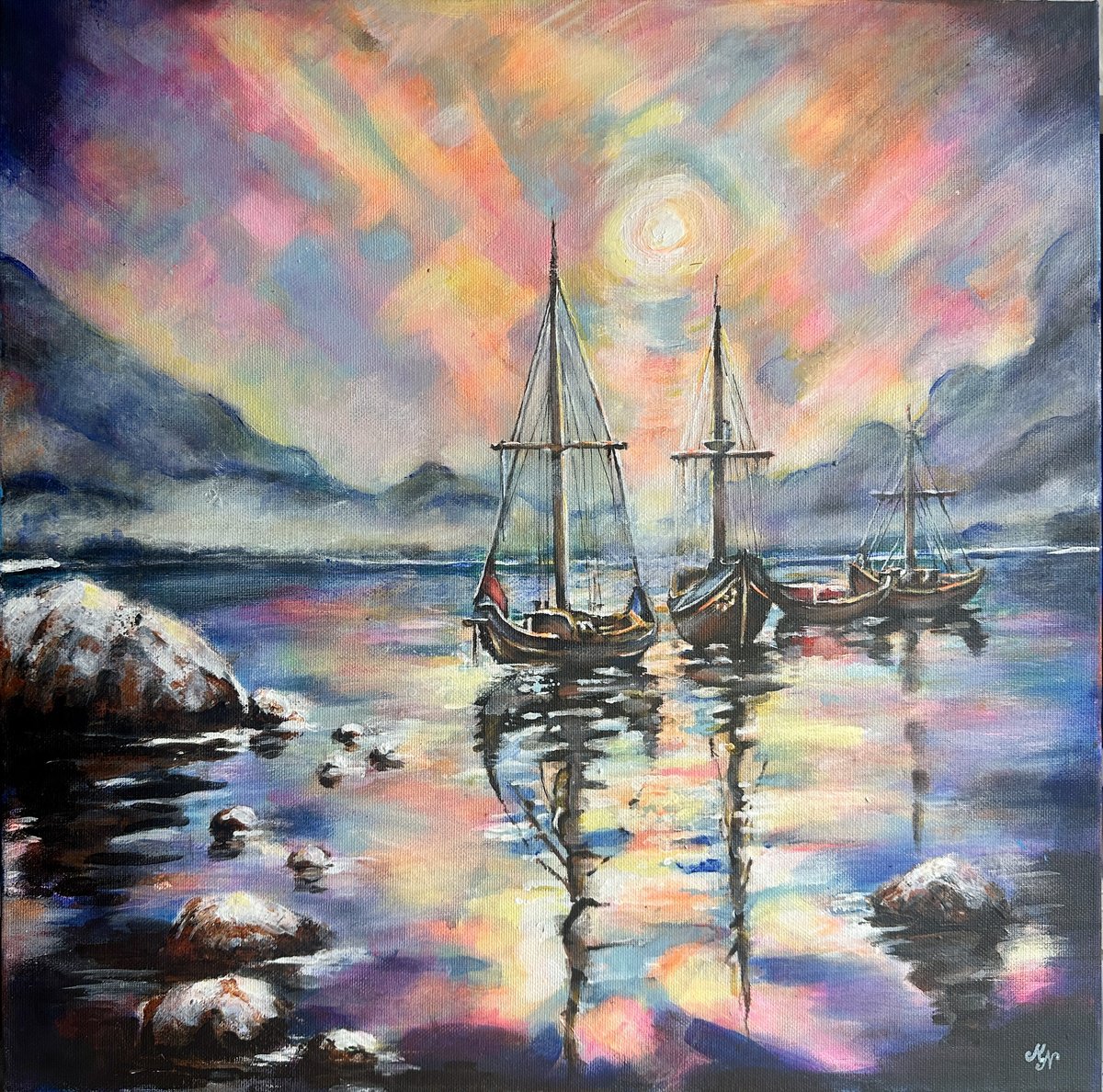 Abstract Landscape Acrylic Painting By Misty Lady - M. Nierobisz, 18 X 18", Harbor Of Light, Original Artwork