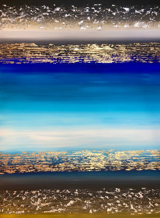 ACROSS THE OCEAN - Abstract blue sea. Marine tones. Ocean view. Gold. Very Peri. Milky Way. Luxury. Dust.