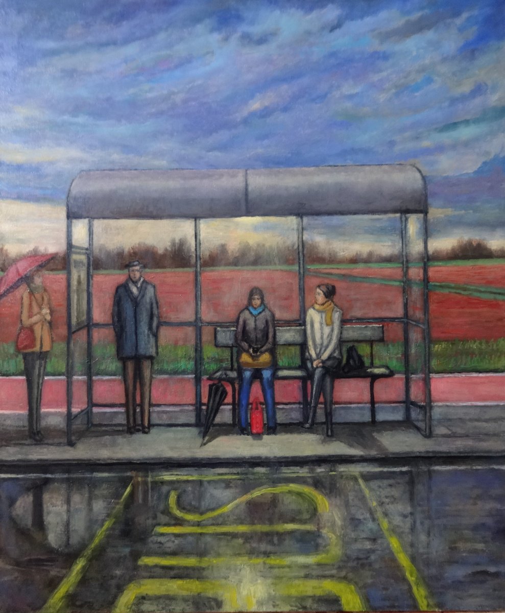 Cityscapes Oil Painting By Massimiliano Ligabue, 20 X 24", Bus Stop, Original Artwork