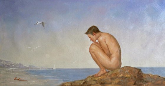 Original Oil painting art male nude boy in seaside  on linen  #16-4-5-01