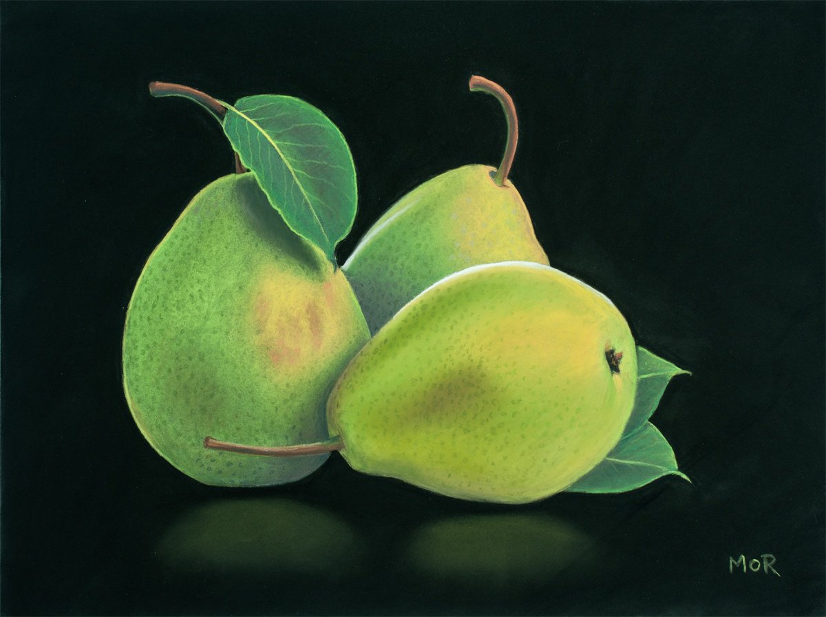 Photorealistic Still Life Pastel Drawing By Dietrich Moravec, 16 X 12, Green Pears, Original Artwork
