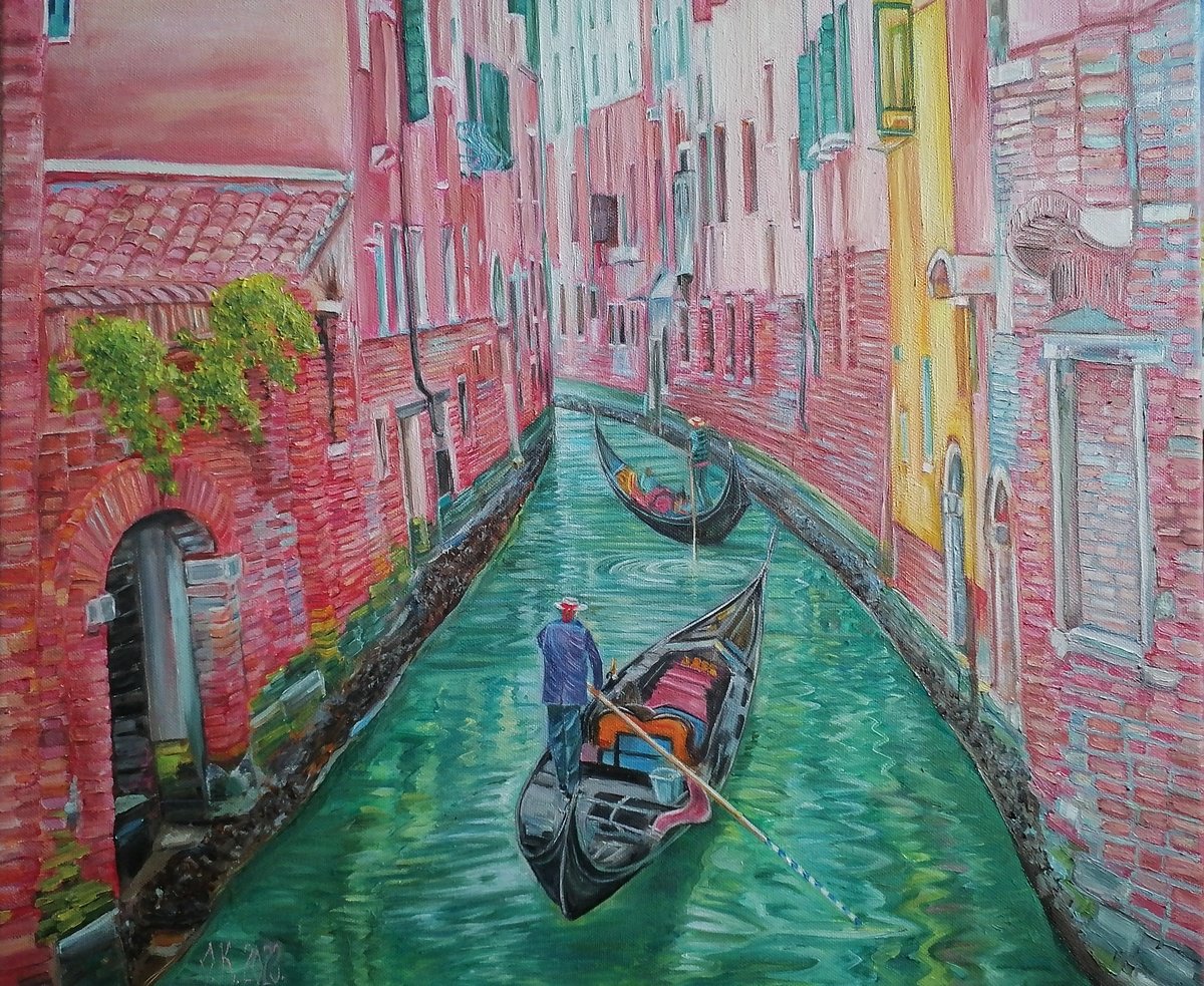 Impressionistic Cityscapes Oil Painting By Olga Knezevic, 24 X 20", Pink Venice, Original Artwork