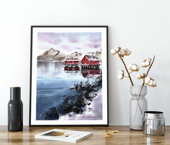 Scandinavian sea painting with red houses, original watercolor artwork, ocean painting , gift idea