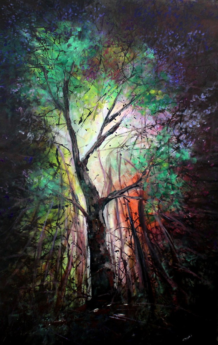 Nel Mezzo Del Cammino -Large abstract woodlands painting by Cecilia Frigati