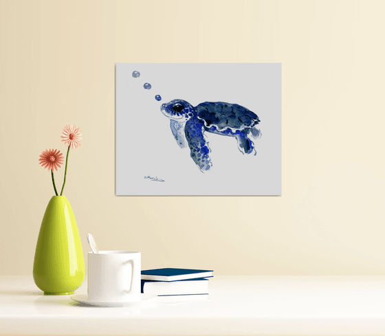 Baby Sea Turtle, Blue sea turtle painting