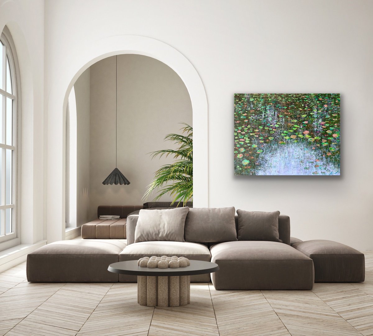 Impressionistic Botanical Acrylic Painting By Pooja Verma, 39 X 31", After The Rain-Waterlily Pond, Original Artwork