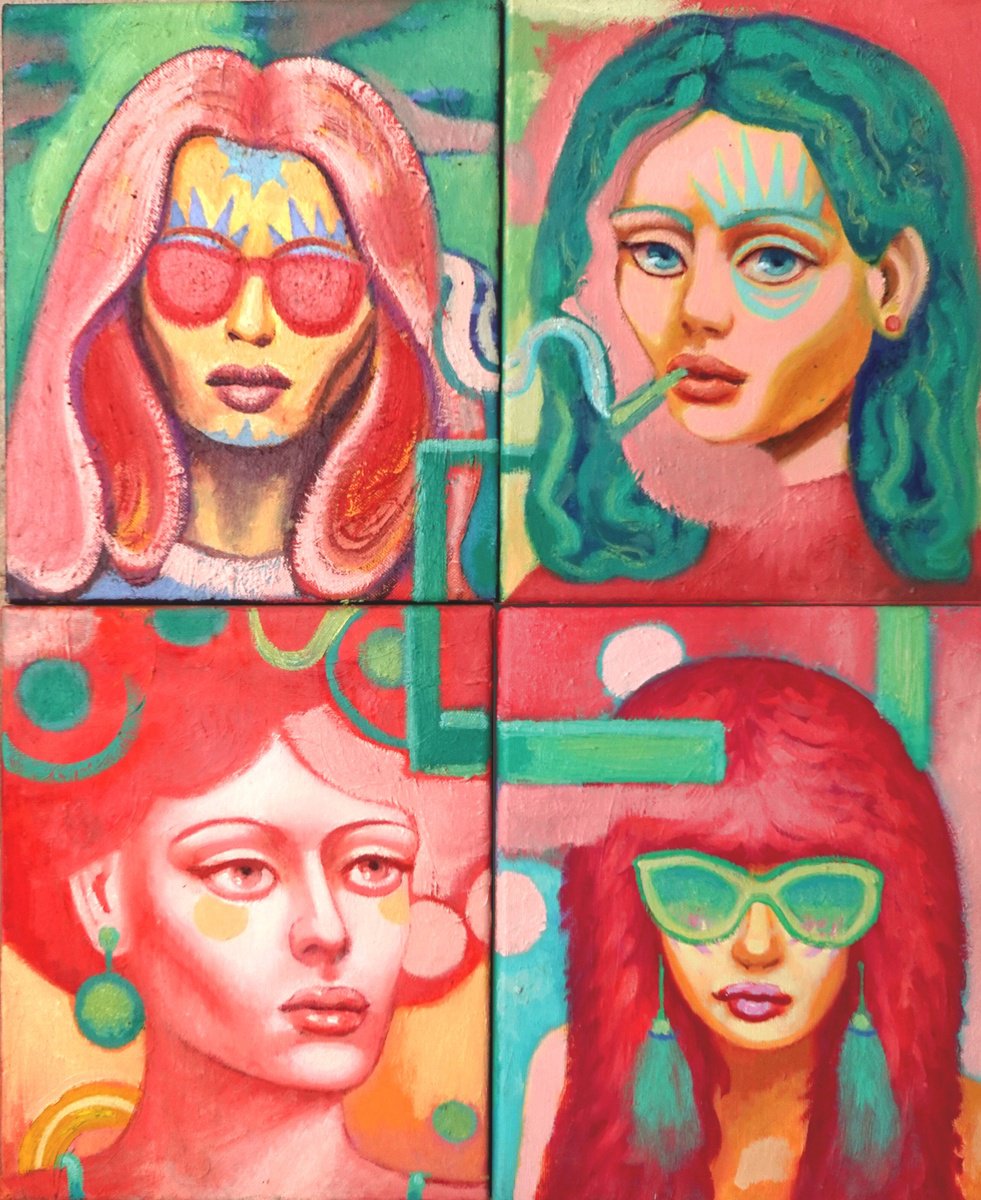 Surrealistic Portrait Oil Painting By Taco Eisma, 19 X 24", The 4 Ladies Of The Night, Original Artwork