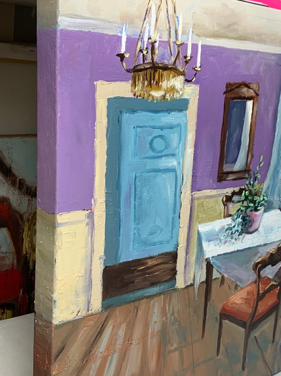 Room interior with a table.
