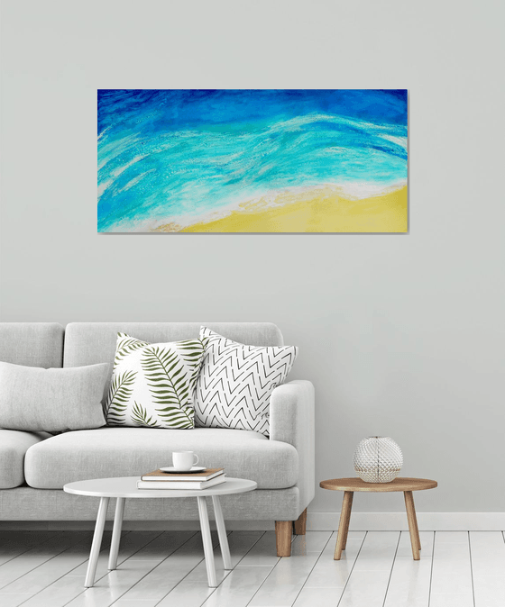 Whispering Waves  (Ready to hang - Large painting in turquoise and blues, water, seaside, waves)