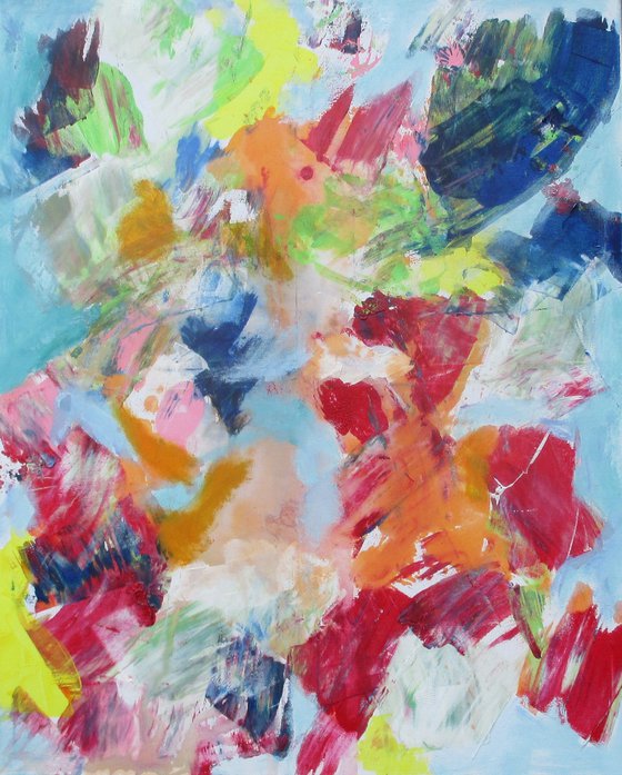 peach and blue abstract painting