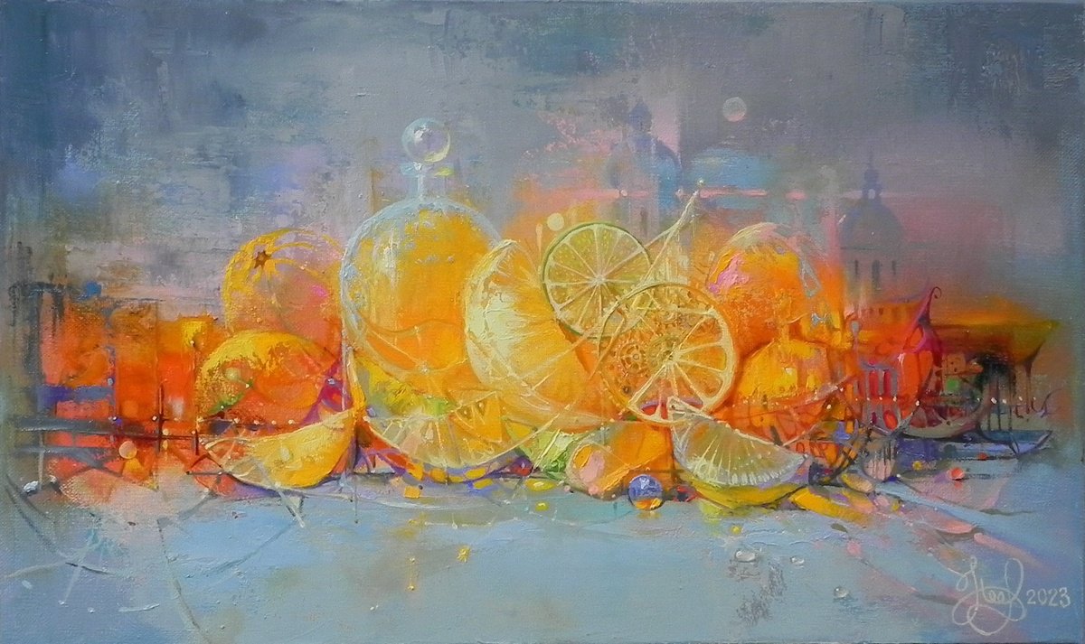 Surrealistic Still Life Oil Painting By Yurii Novikov, 20 X 12", "Funny Orange" Original Art, Original Artwork