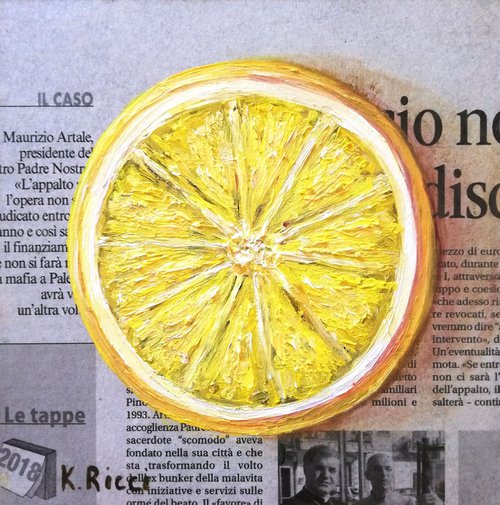 "Lemon on Newspaper" Original Oil on Wooden Board Painting 6 by 6 inches (15x15 cm) by Katia Ricci