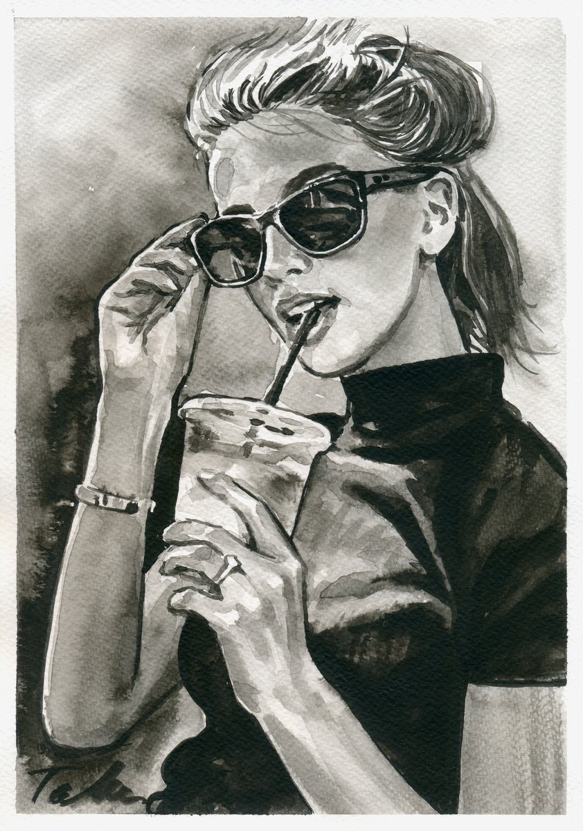 Urban And Pop Portrait Ink Drawing By Tashe, 8 X 12", "Hallo", Original Artwork