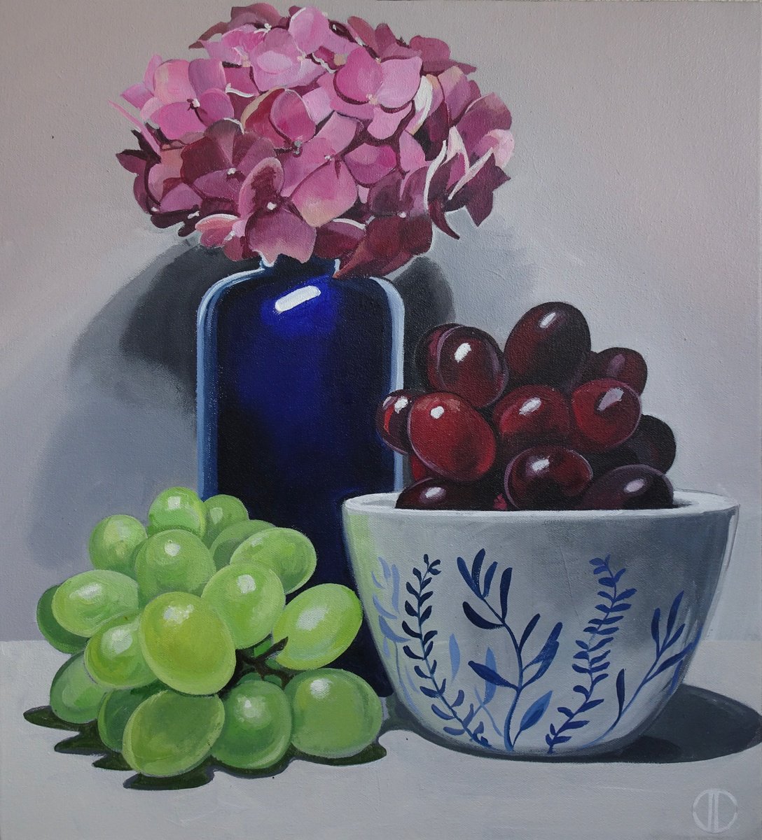 Impressionistic Still Life Acrylic Painting By Joseph Lynch, 20 X 22, Hydrangea And Grapes Pottery, Original Artwork