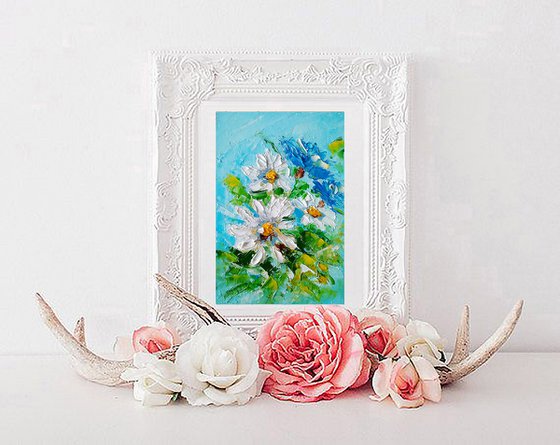 Daisy Painting Floral Original Art Small Flower Artwork Forget Me Not Wall Art