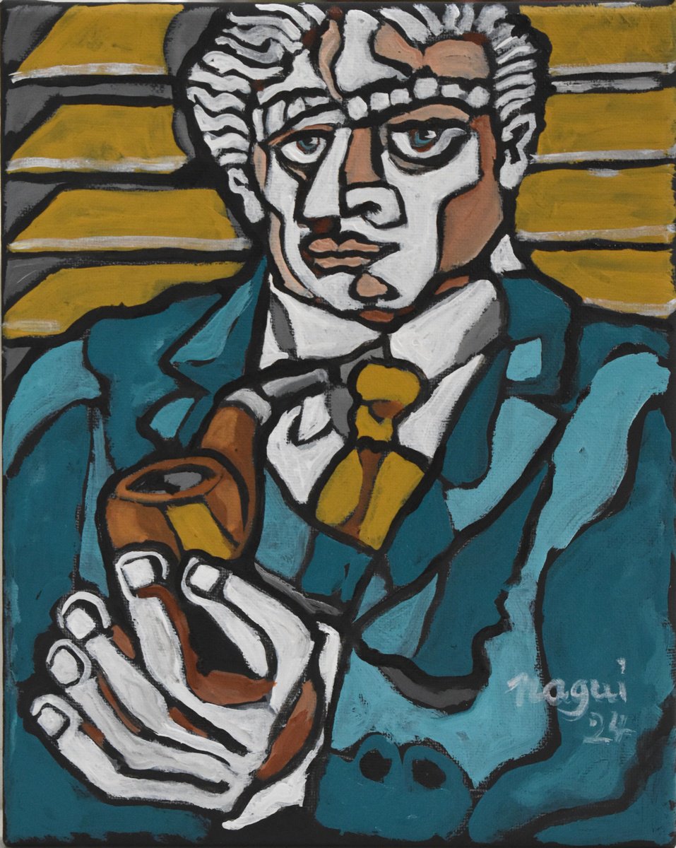 Expressive Portrait Acrylic Painting By Nagui, 8 X 10", Pipe Smoker, Original Artwork