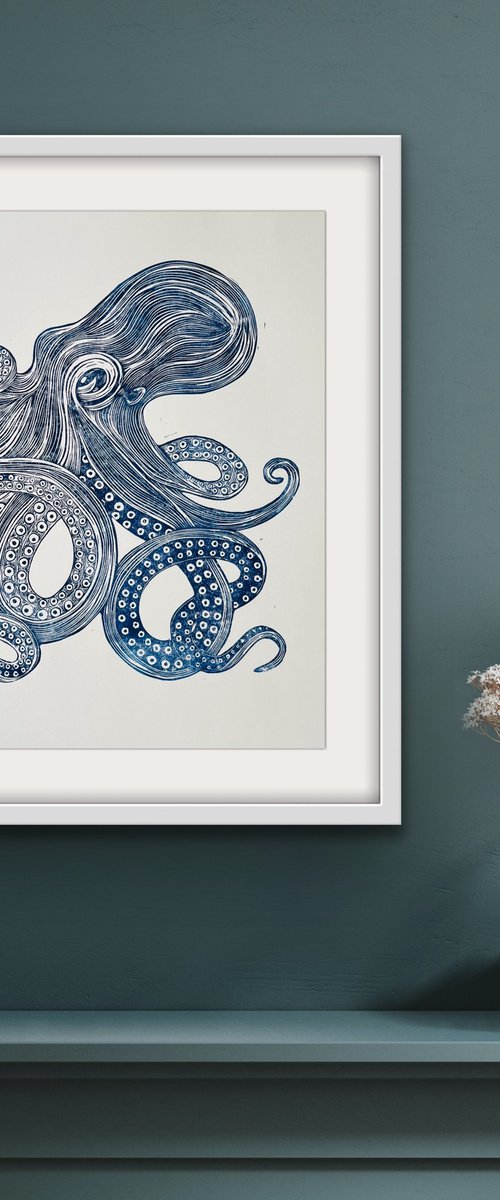 Blue Octopus Linocut by Amy Cundall