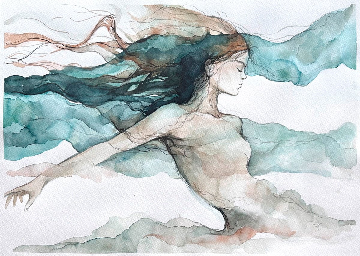 Portrait Watercolour By Julia Shilo, 17 X 12", Flowing Serenity Woman Dreamy Nature, Original Artwork