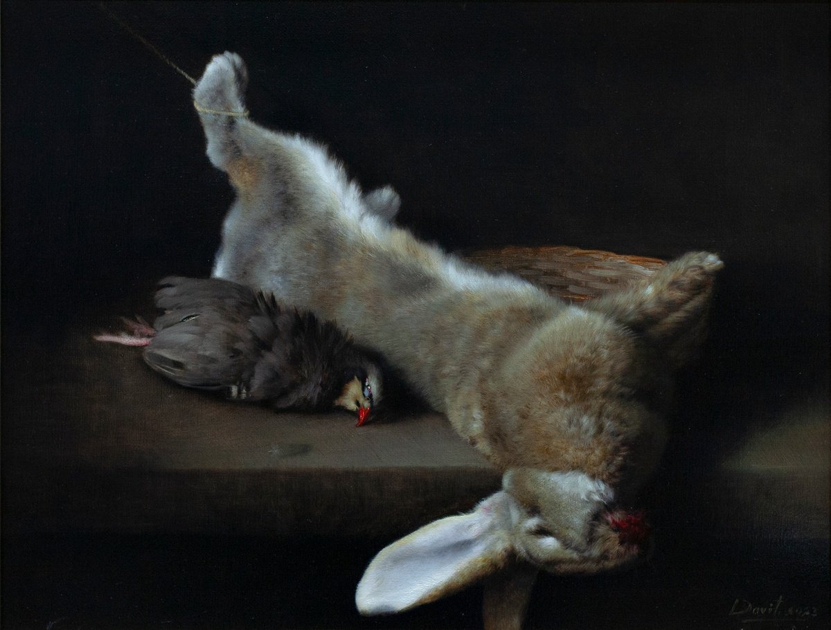 Photorealistic Still Life Oil Painting By Davit Davtyan, 27 X 21, After Hunting, Original Artwork