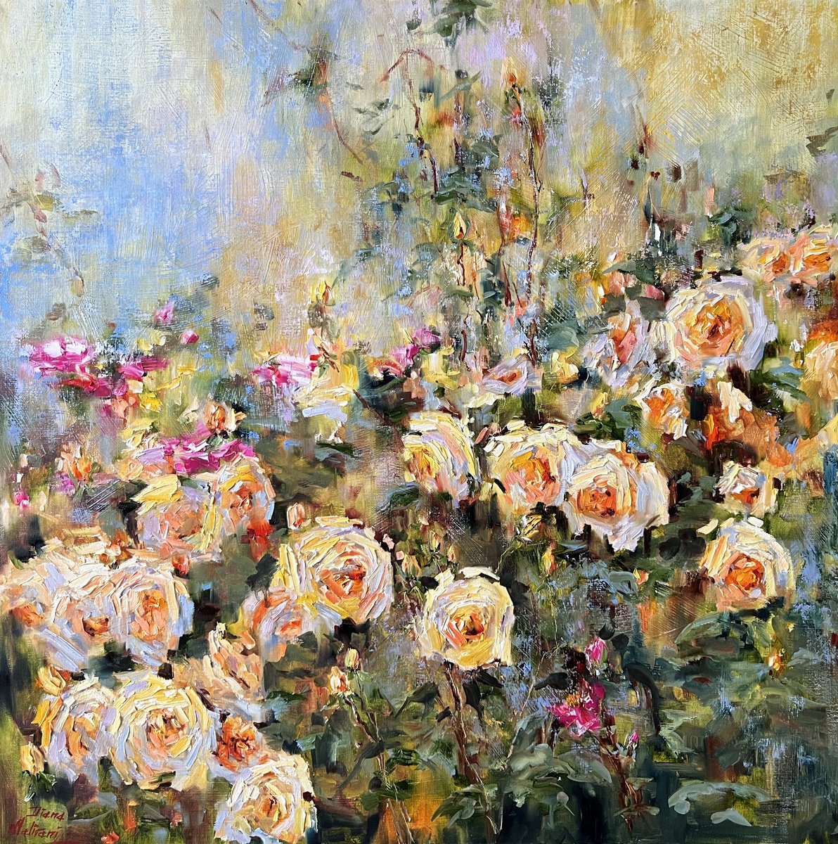 Impressionistic Botanical Oil Painting By Diana Malivani, 39 X 39, Tea Roses, Original Artwork