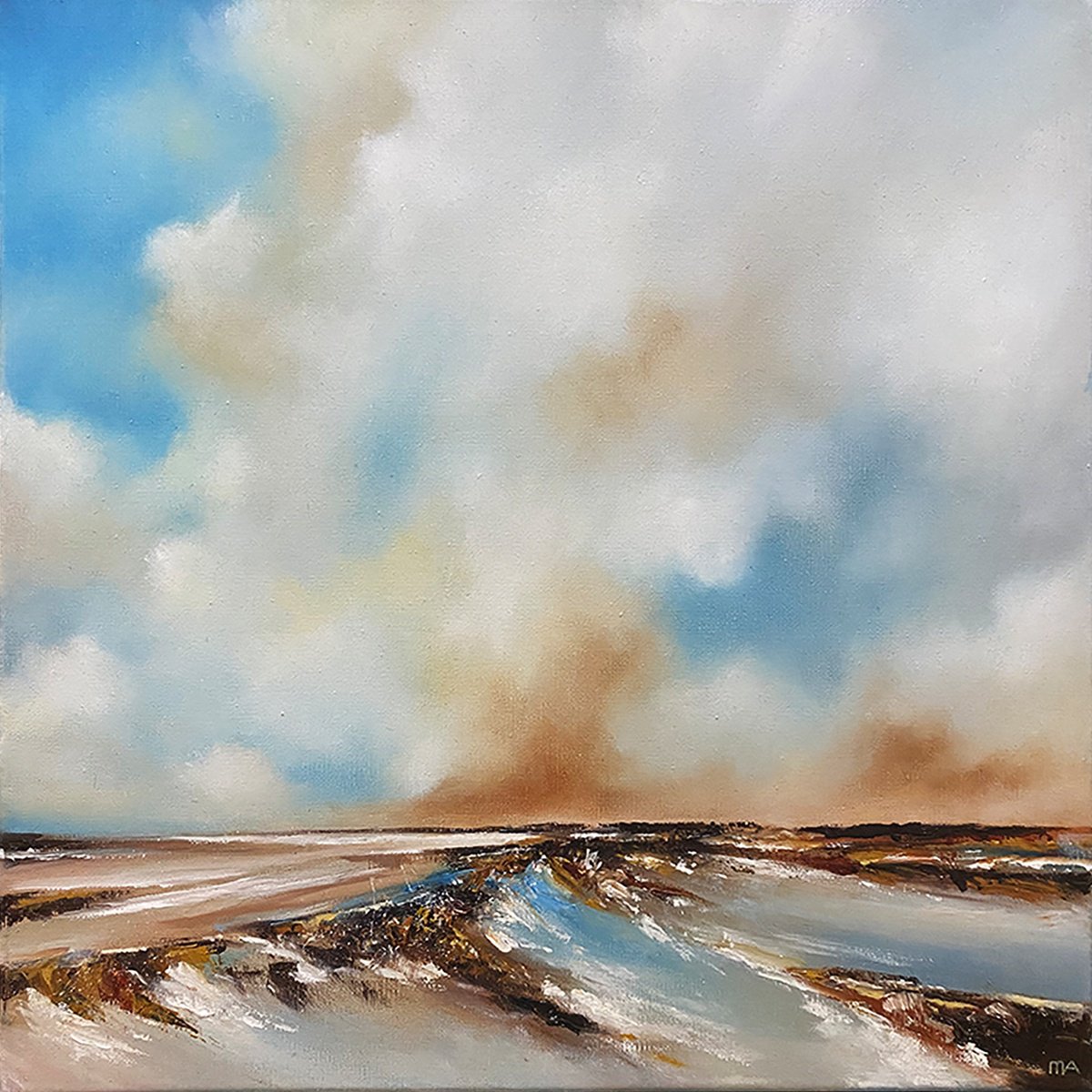 Abstract Landscape Oil Painting By Mullo Art, 18 X 18", Echoes Across The Tides, Original Artwork