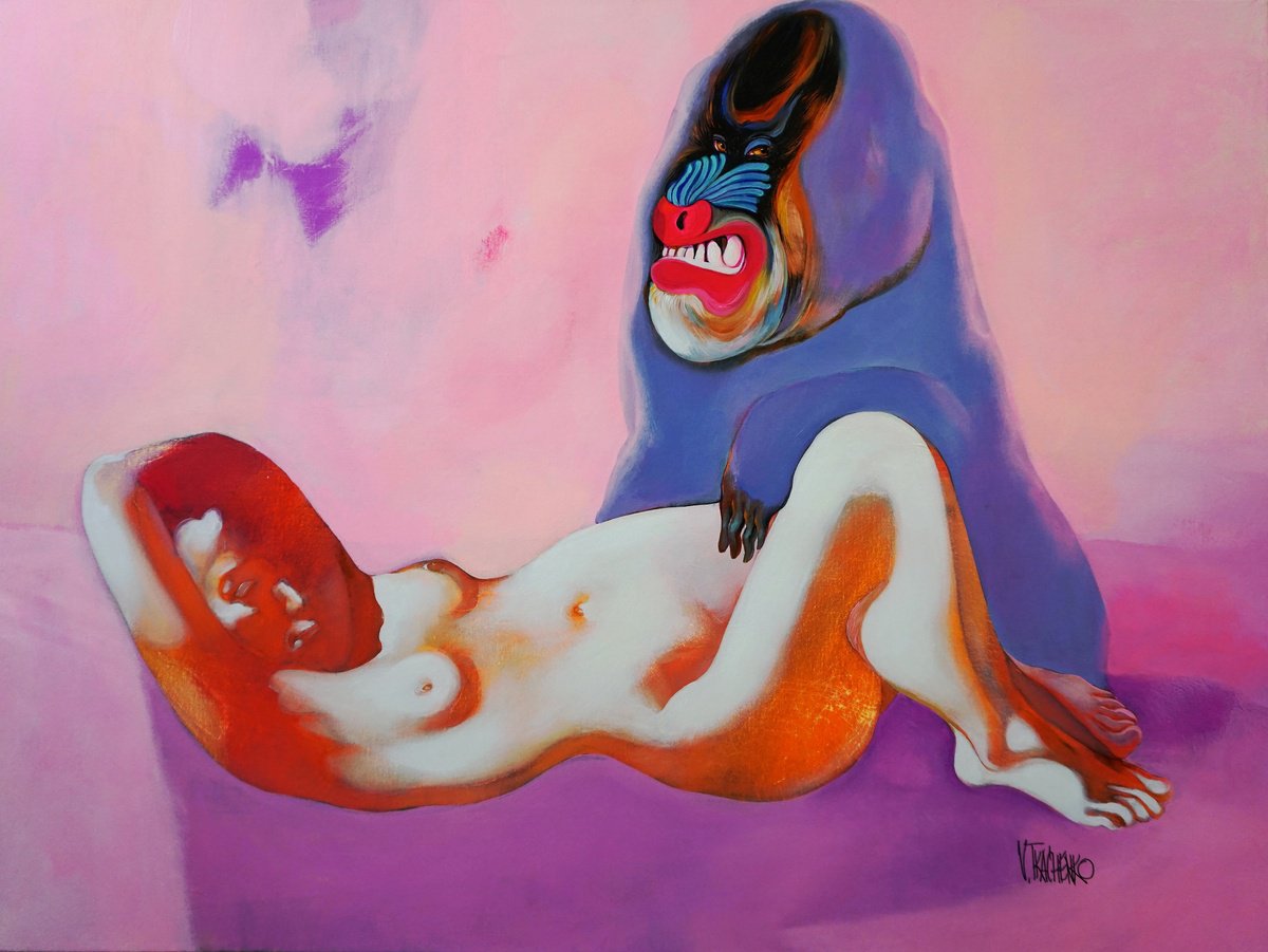 Organic Animal Acrylic Painting By Victor Tkachenko, 40 X 30", The Dream Of Reason Produces Monsters, Original Artwork