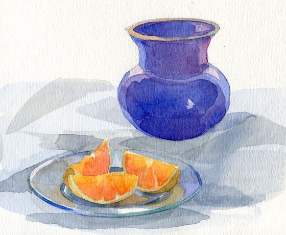 Still-life with an orange and a blue vase