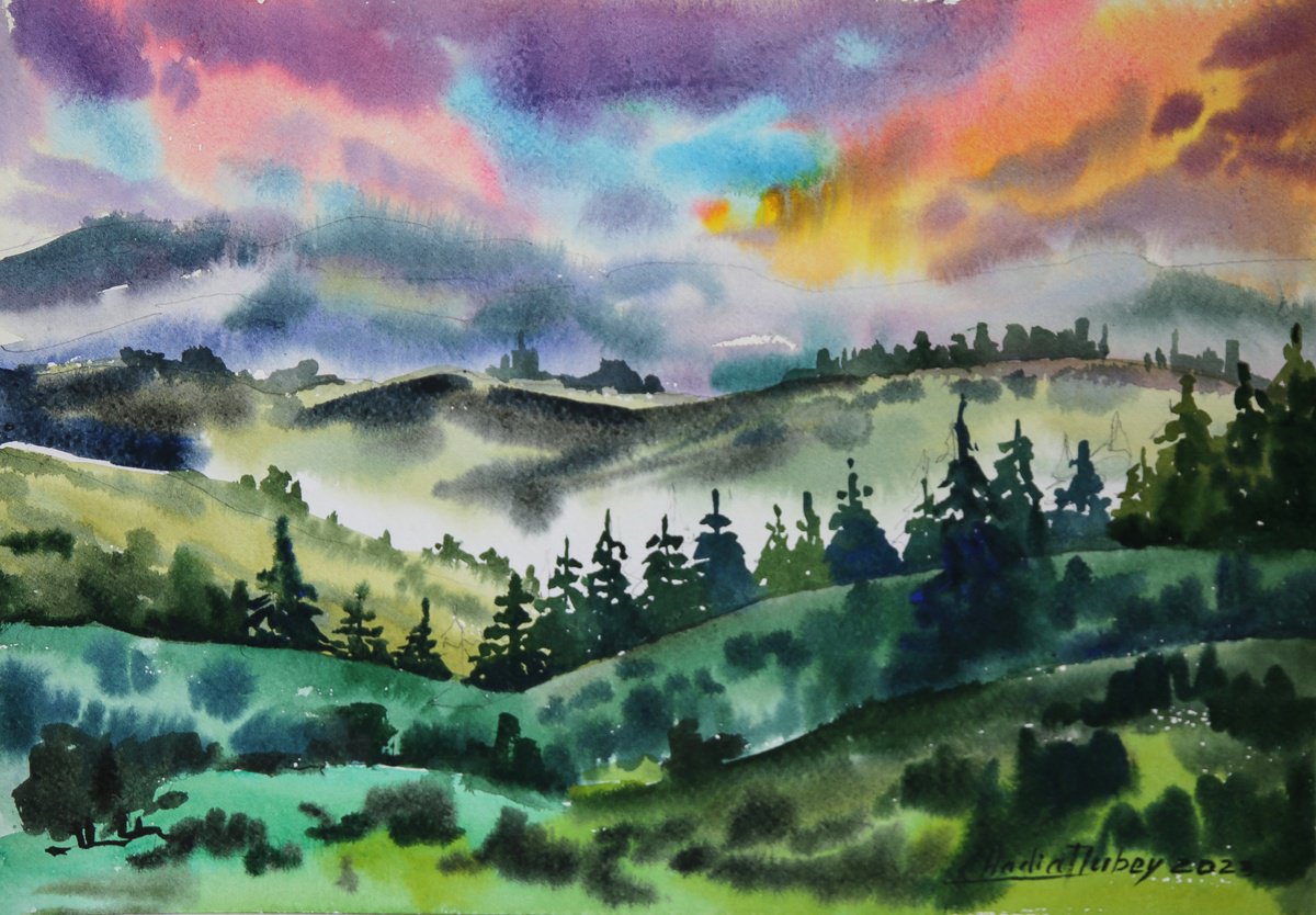 Impressionistic Landscape Watercolour By Nadiia Dubei, 14 X 10", Ukrainian Mountains, Original Artwork