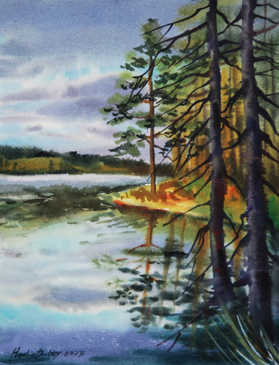 Impressionistic Landscape Watercolour By Nadiia Dubei, 10 X 14", Landscape With Lake, Original Artwork