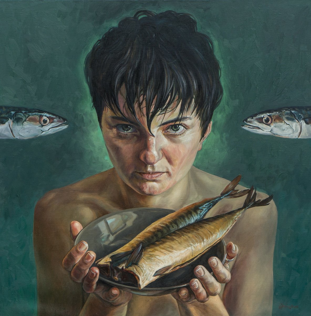 Portrait Oil Painting By Mykola Dzhychka, 45 X 45", Plastic Surgery For Mackerel, Original Artwork
