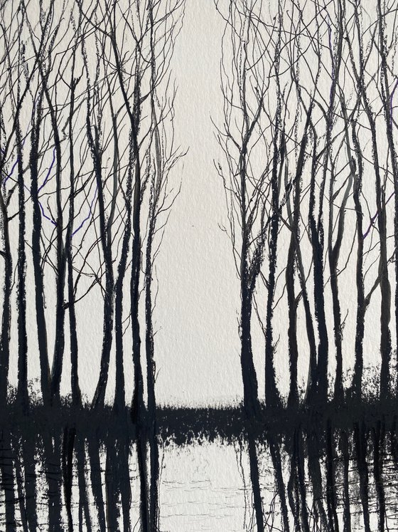 'Long Island Winter V' Charcoal & Ink Landscape Tree Water Reflection Drawing