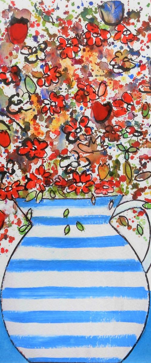 Spring Flowers in a Striped Jug by Jan Rippingham