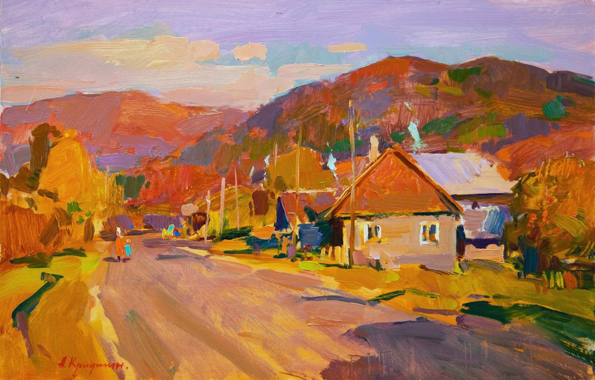 Impressionistic Landscape Oil Painting By Aleksandr Kryushyn, 19 X 12, October Evening. Uzhok Village, Original Artwork