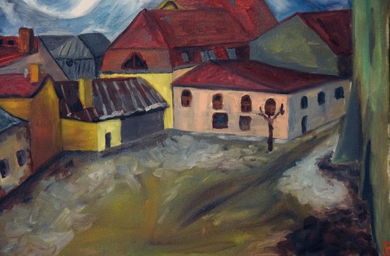 Slovak Original Oil Painting on Canvas Kežmarok. Mountain Town.