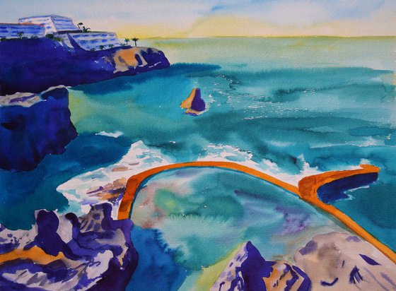 Spanish watercolor painting Sea and rocks on Canary Islands