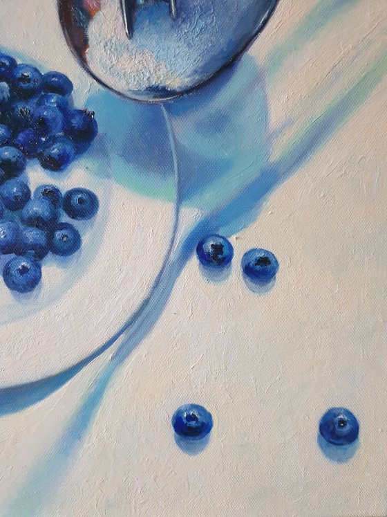 "Slightly sour.  "  still life summer blueberry blue berries  white liGHt original painting  GIFT (2021)