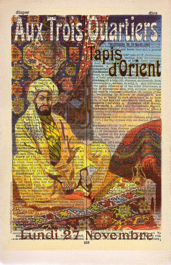 Aux Trois Quartiers Tapis d'Orient - Collage Art Print on Large Real English Dictionary Vintage Book Page
