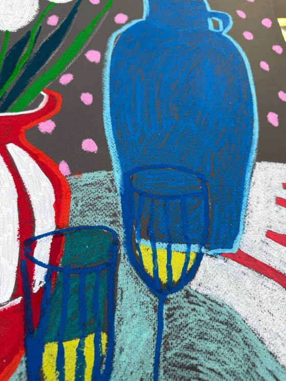 Tulips, Fruit and a Blue Visitor