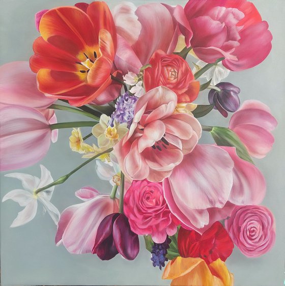 Flowers painting,  tulips art, hyperrealism painting