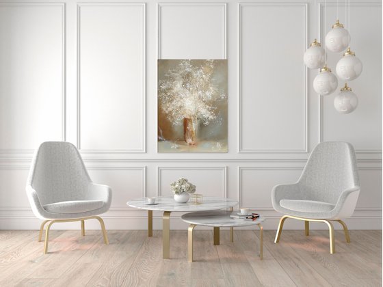 White bouquet oil painting, Neutral wall art - White floral painting