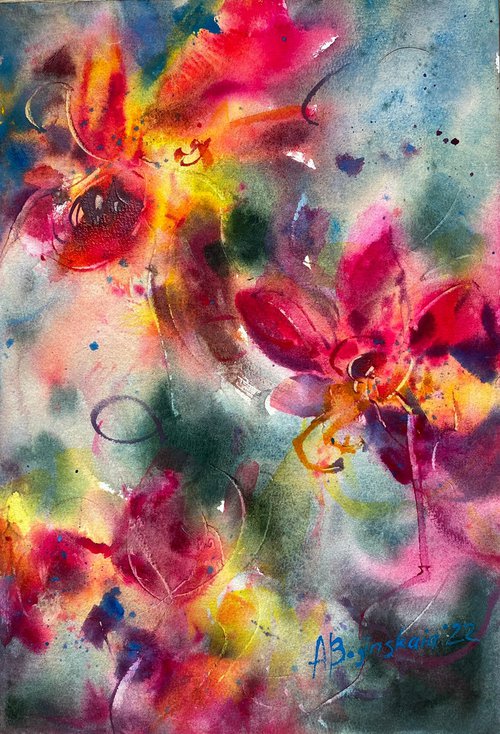 Orange and pink flowers - floral watercolor by Anna Boginskaia