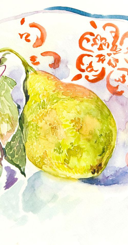 Pear on the plate with red pattern by Daria Galinski