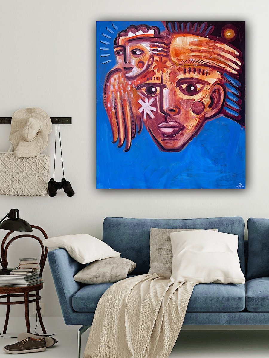 Expressive Portrait Acrylic Painting By Daria Kusto, 43 X 44, Out Of The Dark, Original Artwork