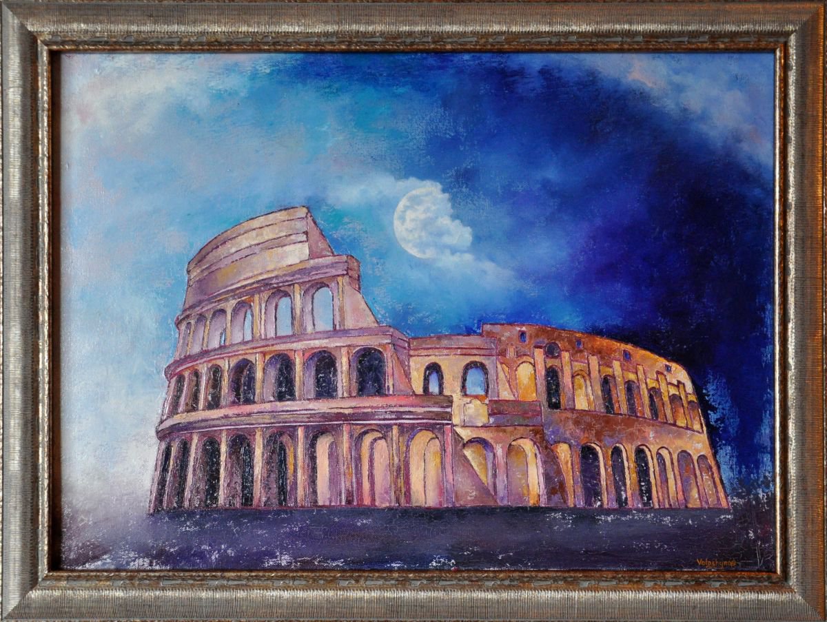 Cityscapes Oil Painting By Mary Voloshyna, 31 X 23", Night Colosseum (70X50Cm), Original Artwork